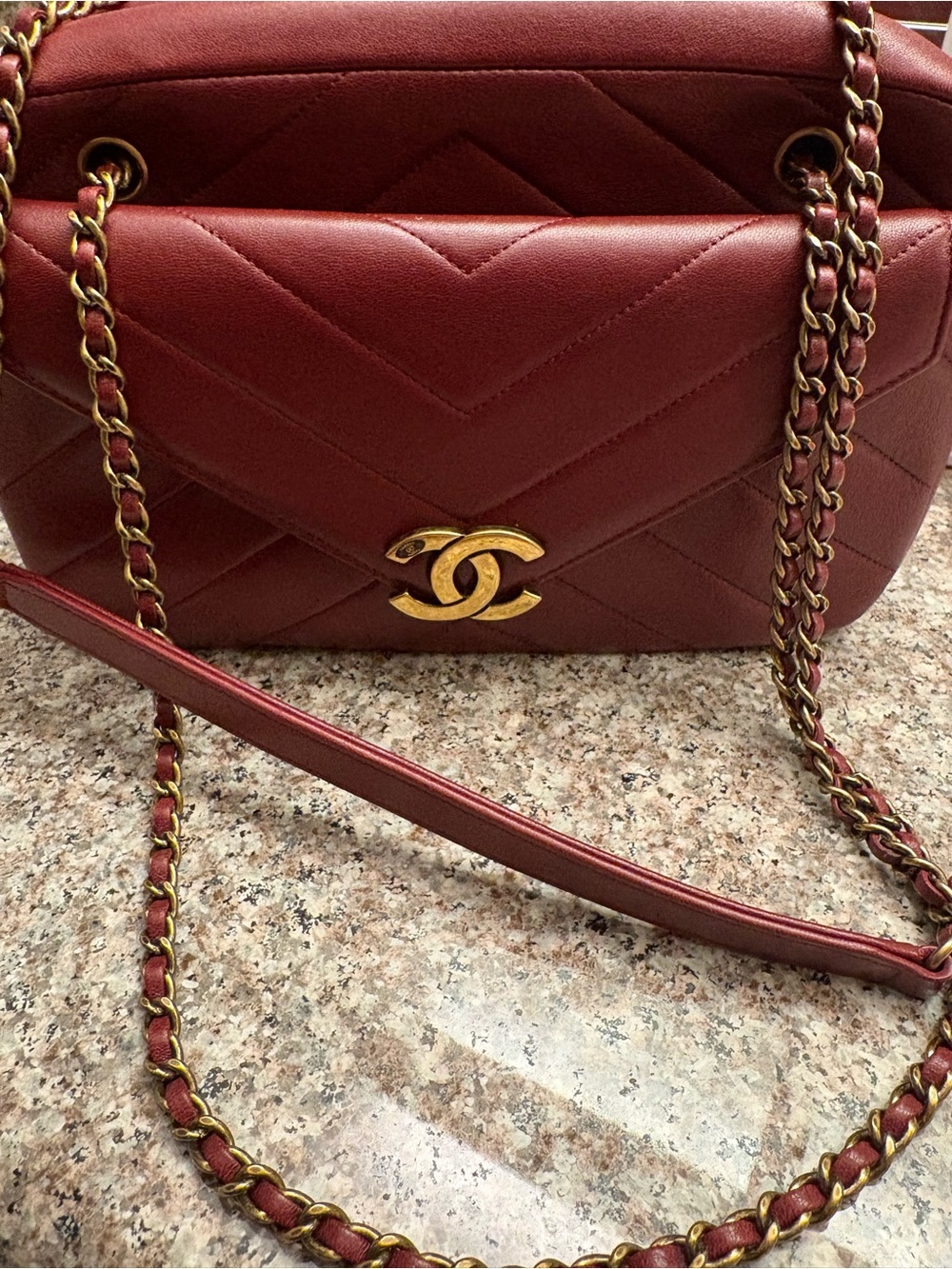 CHANEL Burgundy Chevron Quilted Shoulder Bag with Gold Hardware